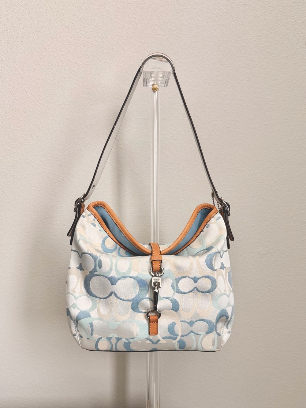 Coach Hampton Blue & White Signature Hobo with Tan Trim